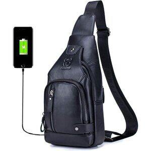 💫 Men Black Leather Sling Bag Charging Port Multi-pocket Hiking Travel Daypack